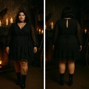 Torrid Women 12/L Clip Star Surplice Ruffle Mini Dress Sheer Tiered Dark Fairy